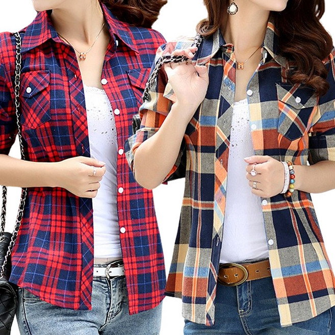 로로비 [1+1] 슬림핏 면 여성셔츠 면 여성체크남방 긴팔 셔츠 블라우스