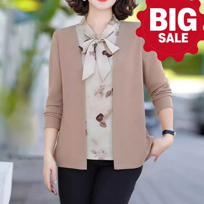 ENUKY 중년 여성 리본 일체형 가디건 레이어드 긴팔티