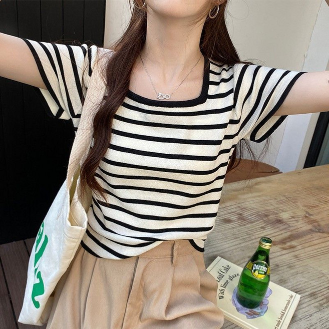 條紋冰絲針織衫 短袖女 大尺碼 T恤 夏季薄款 韓版上衣 2026新款 百搭透氣