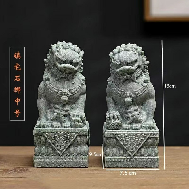 祥瑞閣 青砂石石雕獅子擺件 一對 桌面戶外裝飾, 鎮宅石獅 一對 中號16公分