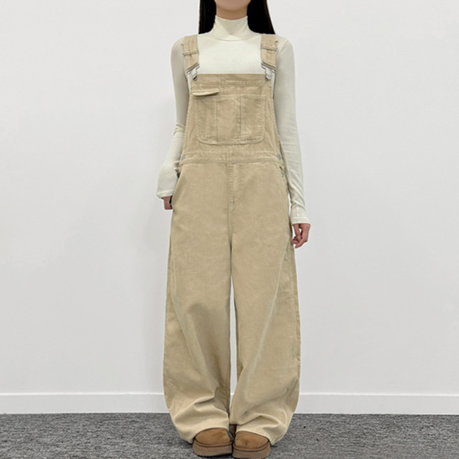티데일리 여성용 캐러멜 코듀로이 와이드 오버롤 멜빵 팬츠