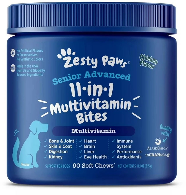 제스티 파우즈 시니어 어드밴스드 11in1 소프트츄 Zesty Paws Senior Advanced 11-in-1 Multifunctional Soft Chews for Dogs, 1개, 면역 지원, 90정 - 쿠팡