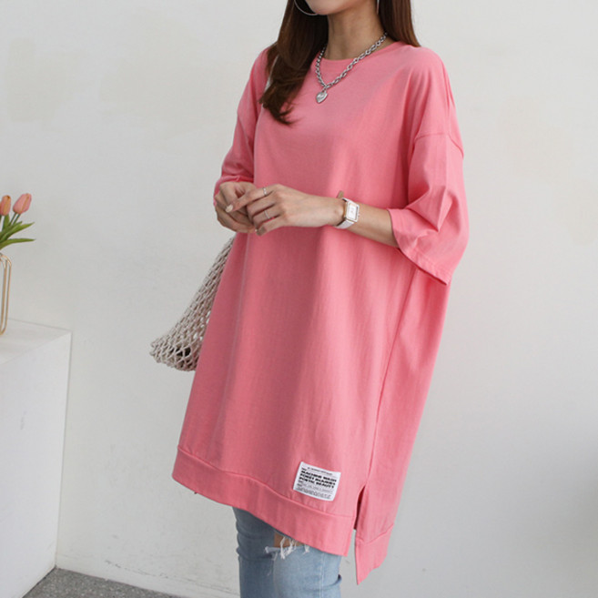 여성용 빅사이즈 오버핏 롱티 반팔 데일리룩 박스티 루즈핏 맨투맨 라벨 트임 반팔롱맨투맨