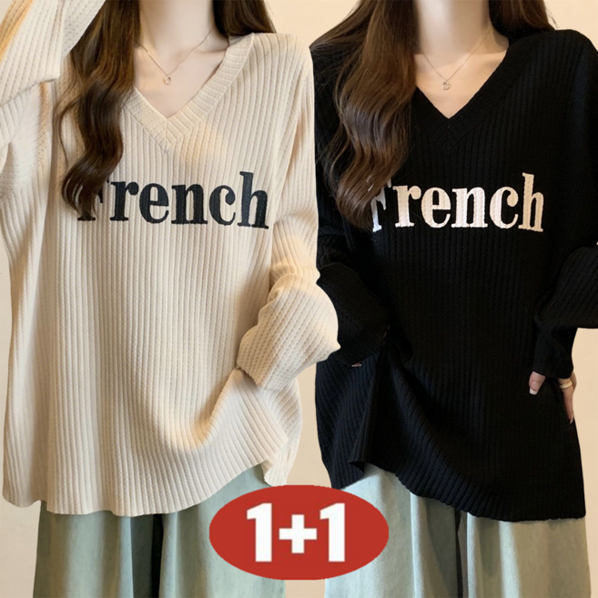 오스틱니 100kg까지 빅사이즈 1+1 2026 여성 봄가을 V넥 심플한 레터링 날염 디자인 감각 날씬해 보이는 외출용 간절기 긴팔 티셔츠