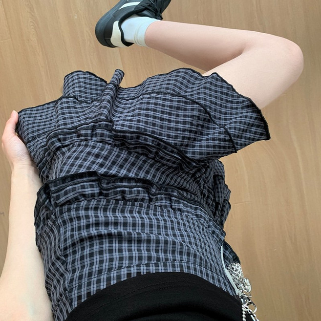 DIU 設計感格紋花邊蛋糕短裙女夏季小衆高腰百搭A字裙遮胯顯瘦半身裙