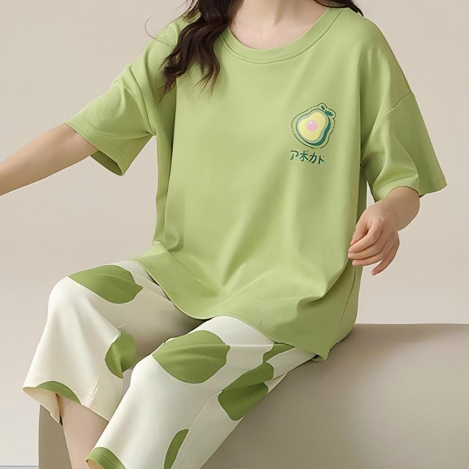 여성 라운드넥 곰돌이 체크 반팔 칠부바지 홈웨어 잠옷 세트