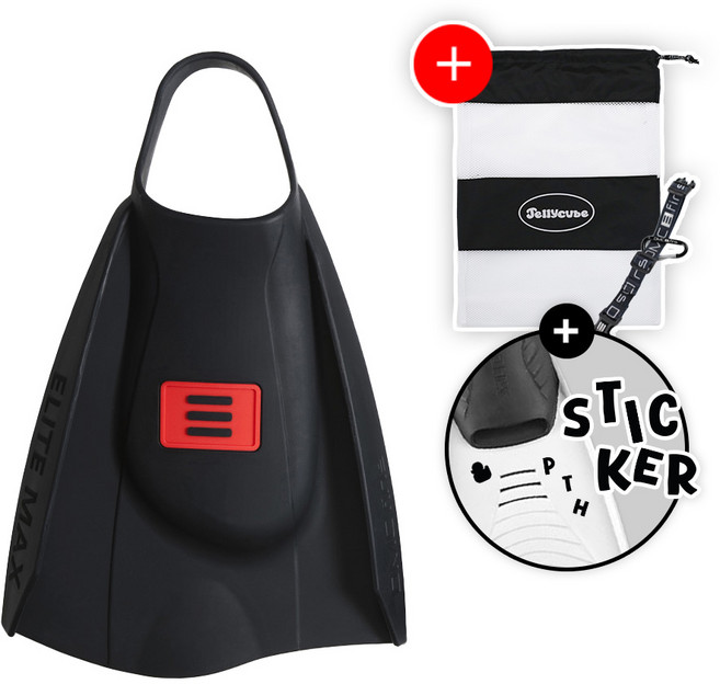 DMC 디엠씨 엘리트맥스 숏핀 훈련용 수영 오리발 + 망사가방 증정, 숏핀 + 오리발스티커증정, 블랙