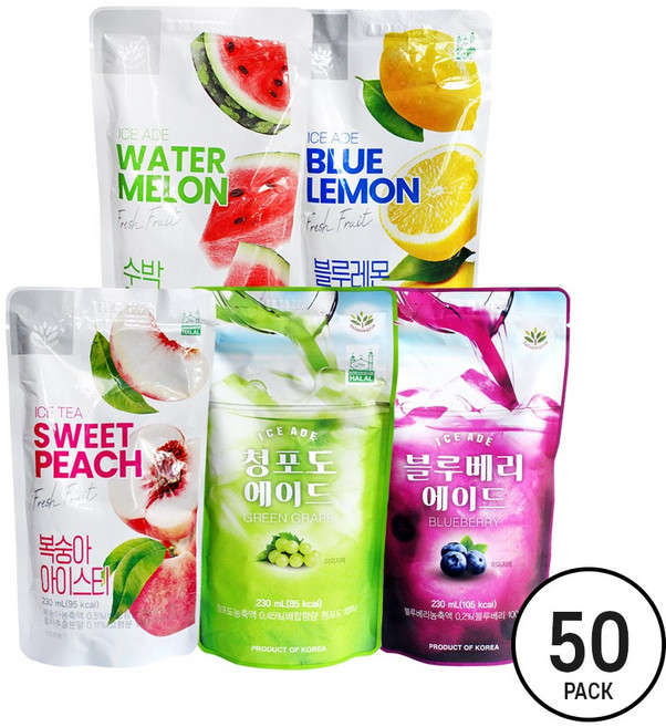 밸런스그로우 편의점파우치음료 230ml 50팩 (복숭아+청포도+수박+블루레몬+블루베리)