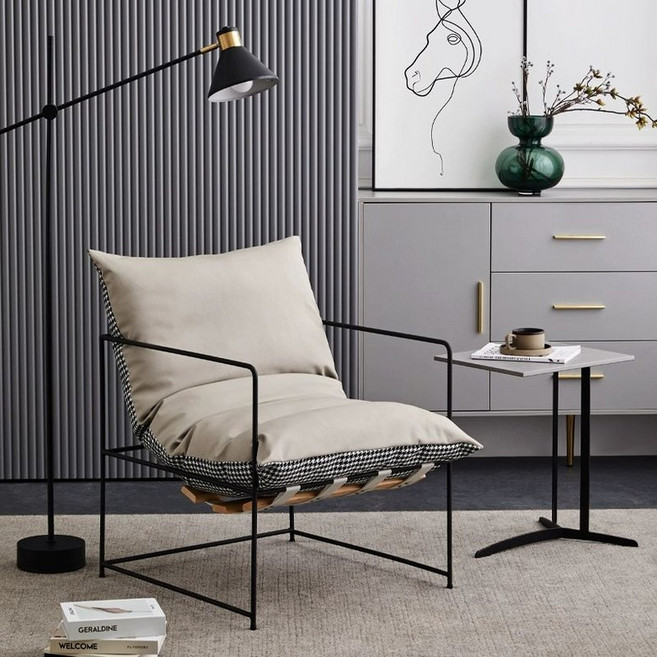 암체어 북유럽 거실 브랜드 침실 쇼파 가정용 인테리어, 화이트+체크 패턴