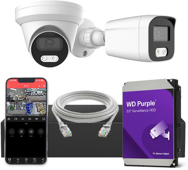 [실내/외] HNTek 800만화소 CCTV 자가설치 세트 하드 4TB 포함, 1개, 실내1대, 실외1대(4채널 녹화기+케이블+하드 4TB)