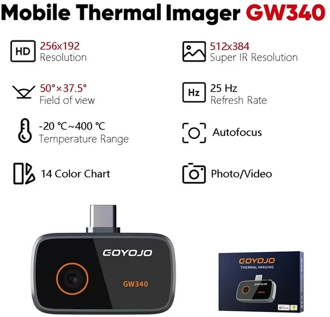 GW340 휴대용 모바일 폰 열화상 카메라 256 x 192 IR 해상도 2MP 비주얼 가정용, 01 GW340