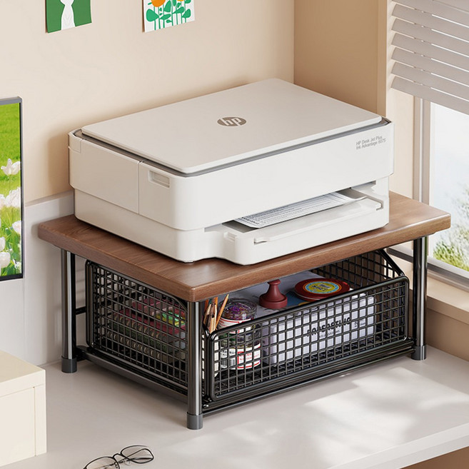 Equator 다용도 서랍형 선반 책상용 프린터 수납대 사무실 복사기 받침대 주방 정리 선반 커피코너 수납 선반 소형 정리대, 1개, 블랙 메쉬+1층 서랍 있음