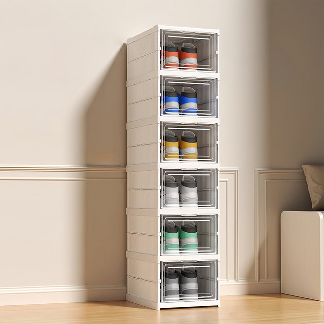 YEAAYE 스태킹 타입 접이식 폴딩 커버 슈즈 케이스, 6단, 화이트 + 클리어