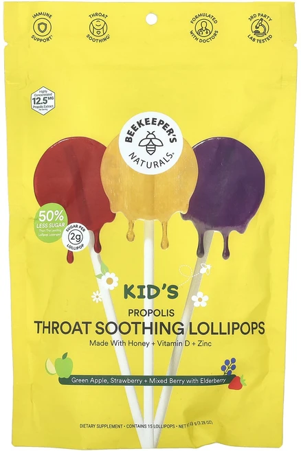 Beekeeper's Naturals 어린이용 프로폴리스 목 진정 롤리팝 청사과 딸기 + 엘더베리 함유 믹스 베리 15개입, Beekeeper'sNaturals어린이, 1개, 193g - 쿠팡