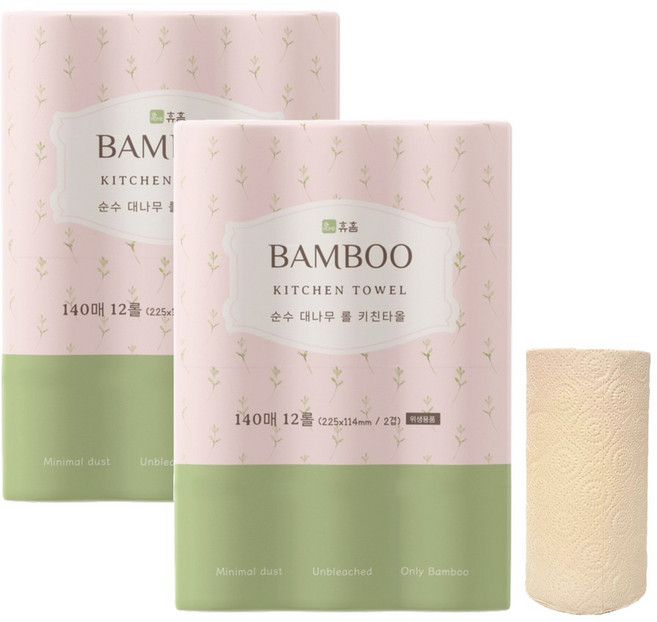 휴홈 무표백 순수 롤 대나무 키친타월 140매 12롤, 24개