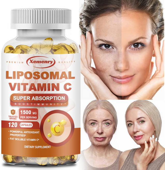 고흡수율 리포좀 비타민 C 캡슐 면역력 및 콜라겐 강화 고용량 지용성 면역 지원 아스코르브산 억제 보충제 천연 채식주의자용, 1개, 60정