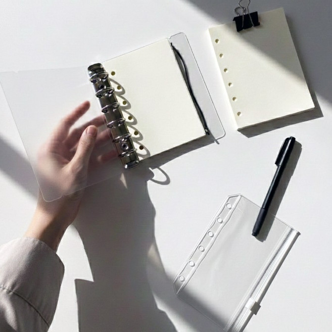 A7 6공 다이어리 지퍼백 속지 세트 반투명 미니 포카 바인더 현금챌린지 플래너 PU 커버, 다이어리+지퍼백1매+속지70매, 무지속지