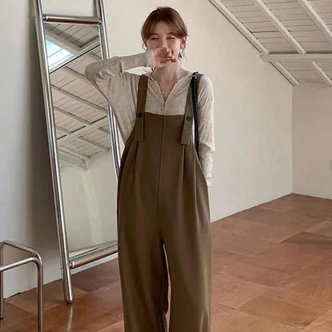 메인워크 여성 멜빵 바지 봄가을 간절기 빈티지 와이드 하이웨이스트 드롭 슬랙시 일자핏 패션 오버핏 솔리드 배기팬츠