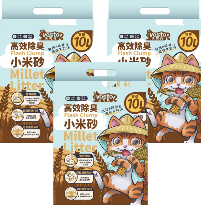 vosto 沃司托 高效除臭小米砂 3kg, 3袋, 天然香