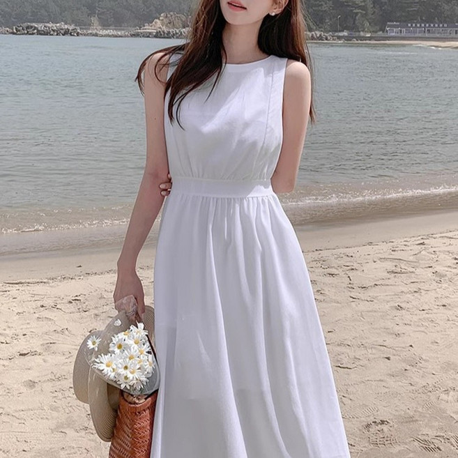 쪼예 웨딩 스냅 라운드 민소매 뒷리본 롱 원피스