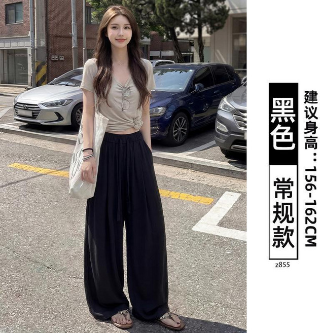 寬鬆垂感亞麻闊腿褲 顯瘦薄款老錢風女褲