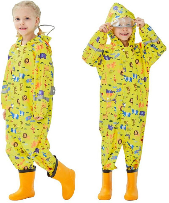 Hovkib 유아용 레인 수트 여아용 우비 키즈 레인 재킷 남아용 레인 코트 방수 커버올 머디 버디 지퍼 우비 만 1~10세 옐로우