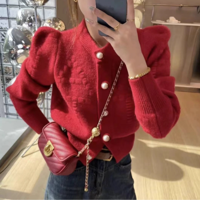 [엔젤디] 여성 플라토 퍼프소매 가디건 니트