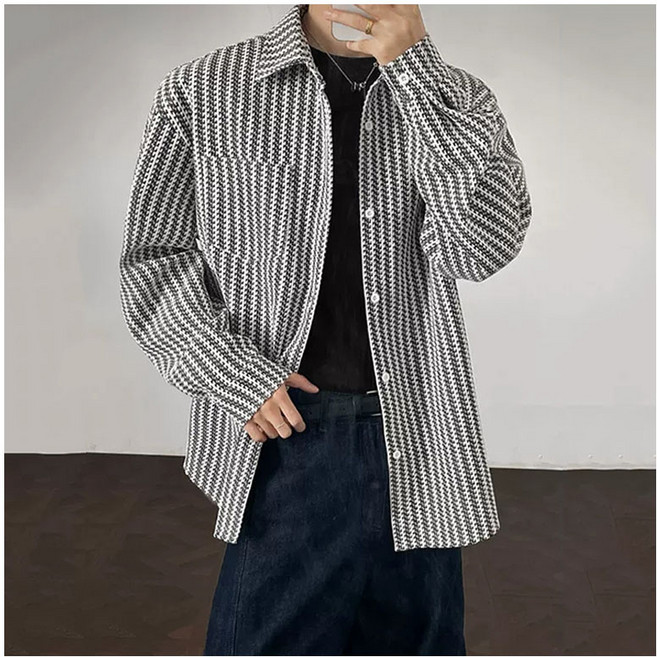 FANSYLI 남성 캐주얼 스트레이프 트위드 셔츠자켓 줄무늬 남방 가디건 프리미엄 남성긴팔셔츠 와이셔츠 빅사이즈 1228JLL3156