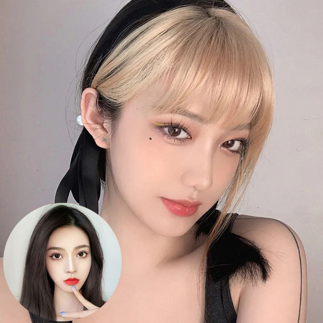 포인트 금발 앞머리 가발 시스루 제니 반 풀뱅 부분 헤어피스, 1개