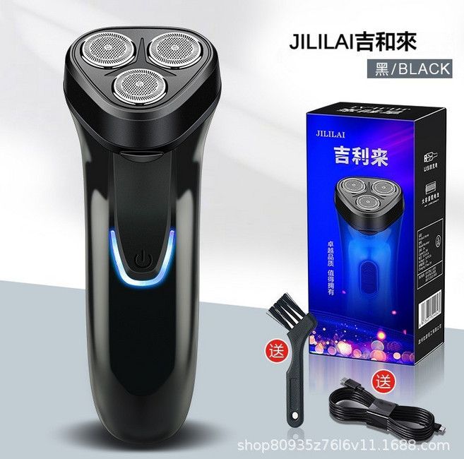 JILILAI 吉利來027 男士多功能電動刮鬍刀 三頭充電式剃鬚刀 帶燈顯示, 黑色, 1個