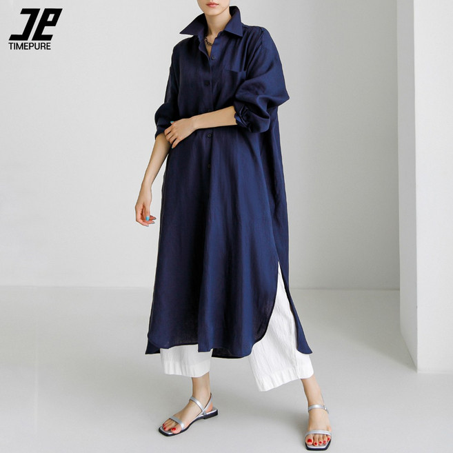 여성 롱 셔츠 원피스 오버핏 빅사이즈 트임 카라셔츠 롱기장 아우터 간절기 명품 임부복 휴양지 패션 봄 여름