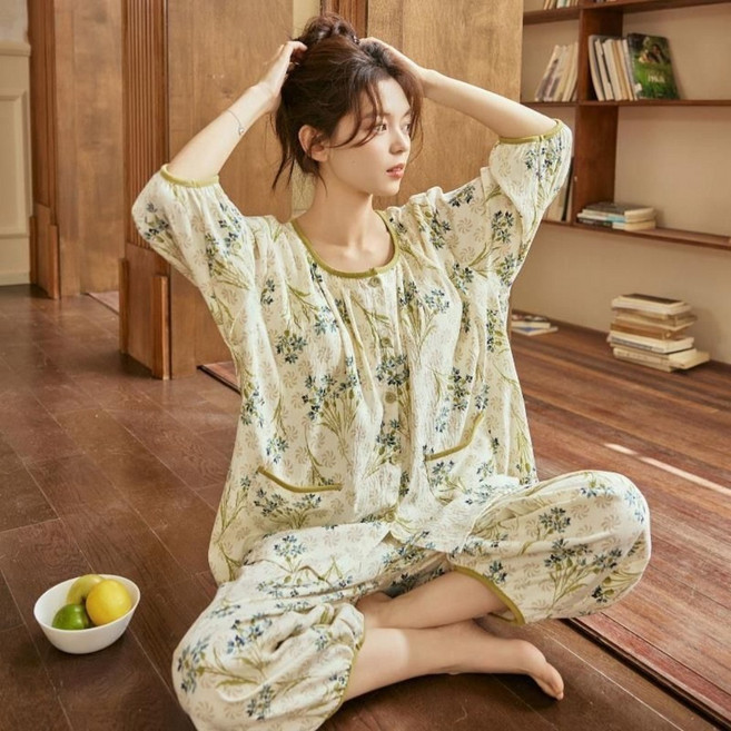 Vezri 여성 봄 가을 새 디자인 브라 패드 잠옷 달콤한 칠부 소매 구분 바지 고급스러운 외출용 홈웨어 투피스 F88