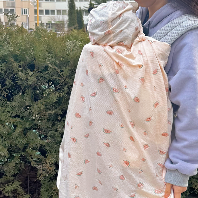 메르베 아기 햇빛 가리개 아기띠워머 다용도 후드 블랭킷 바람막이, 달콤수박