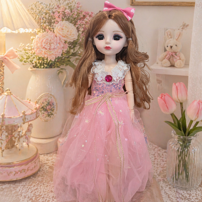 [1+1 추가인형]요술책상 여아 구체관절 공주 마론 인형 옷입히기 드레스 인형놀이세트 역할놀이, 핑크, 1개, 290mm