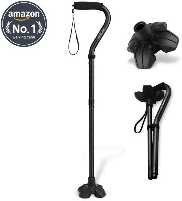 GPTcamp T3M 2단 접이식 초경량 4발 노인 지팡이 어르신 원스텝 폴딩, 1개, 블랙(GPT-T3M) - 쿠팡