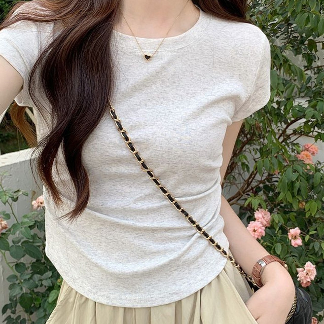 후암마켓 라운드 셔링 여자 반팔 티셔츠 세미크롭 무지 반팔티