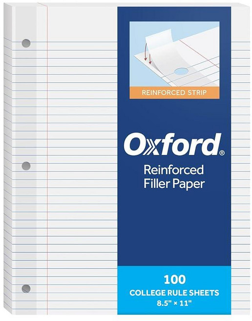 Oxford 강화 필러 용지 21.6 x 27.9cm(8.5 11인치) 대학 규칙 3홀 펀치 링 바인더용 안감 루즈 리프 페이퍼 100장 화이트 (1002097) 1, Oxford 강화 필러 용지, 21.6 x 27.9cm