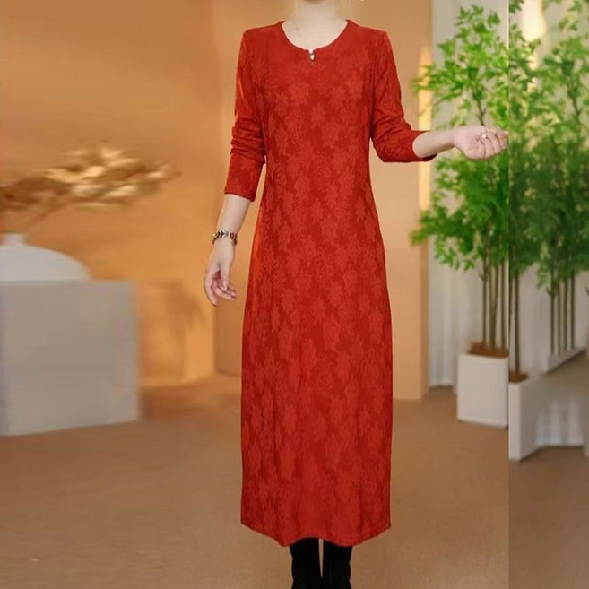 메인워크 중년여성 빅사이즈 라운드넥 니트 원피스 긴팔 봄가을 간절기 스판 엄마룩 자카드 패션 데일리 기질 하객룩 스커트