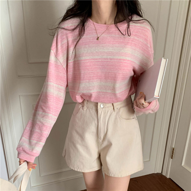 여성 루즈핏 오버핏 그라데이션 컬러 스트라이프 단가라 줄무늬 기본티 긴팔 티셔츠 스크래치단가라티셔츠