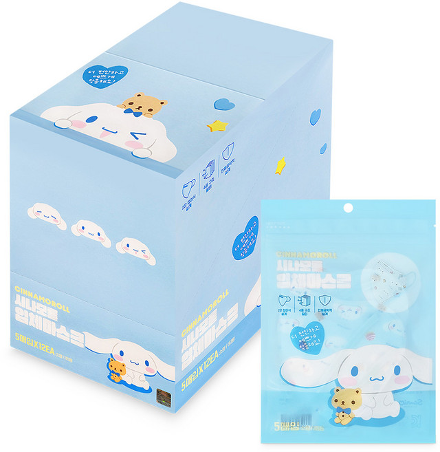 산리오 시나모롤 입체마스크 소형 일회용, 혼합색상, 12개, 5매입