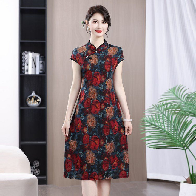 新款媽媽裝夏季印花旗袍連衣裙, 4XL 135-145斤