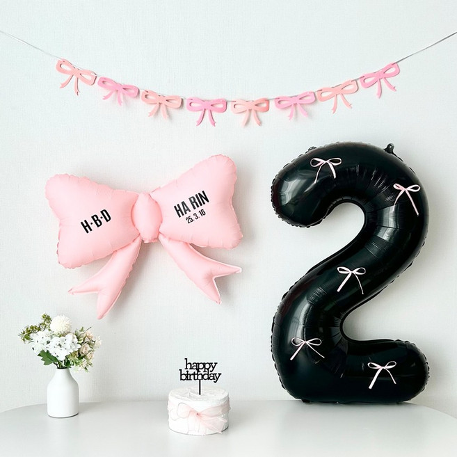 연지마켓 리본 숫자 풍선 블랙 생일 파티 두돌 세트 (자유레터링), 1세트, 리본풍선 블랙 2