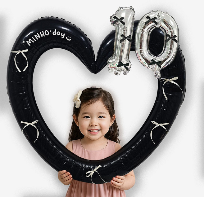 올리브파티 발레코어 리본 숫자 풍선 하트프레임 자유레터링 생일파티용품세트, 10, 1세트, 블랙하트풍선