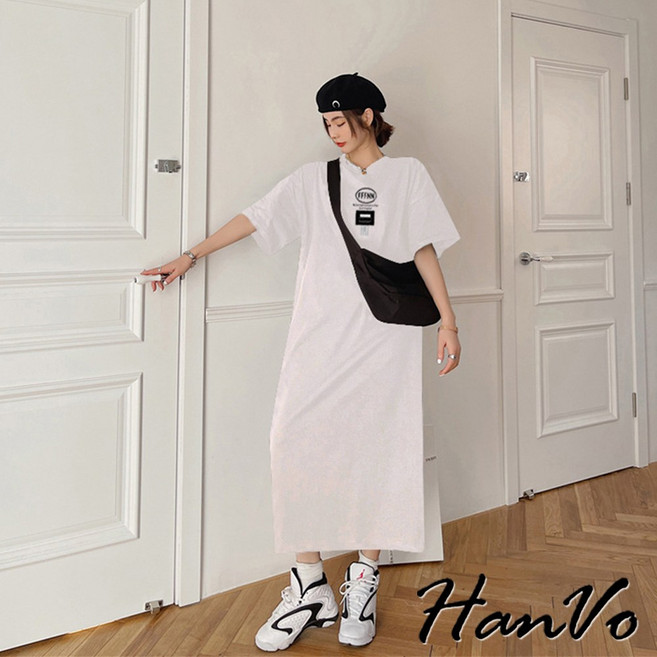 HanVo 簡約字母連身洋裝 - 柔軟親膚 透氣修身顯瘦中長裙 - 韓系女裝, 白色