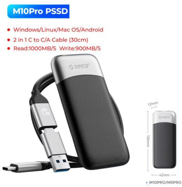 오리코 휴대용 SSD 최대 1050MB/s 2 in 1 USB C & A 케이블 포함 컴팩트 디자인 외장형 솔리드 스테이트 드라이브 PC용 안정적인 저장 장치, 1)512GB, 검정색