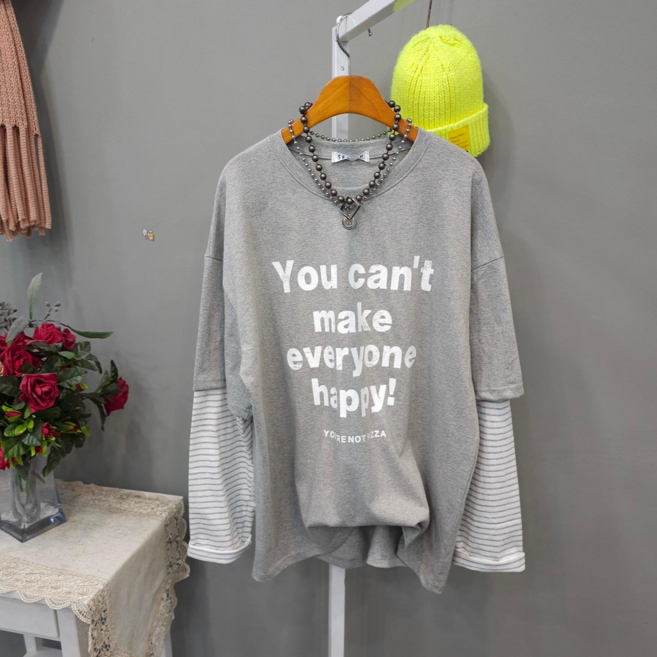 에브리원 여성용 오버핏 레이어드 라운드넥 면 긴팔티셔츠