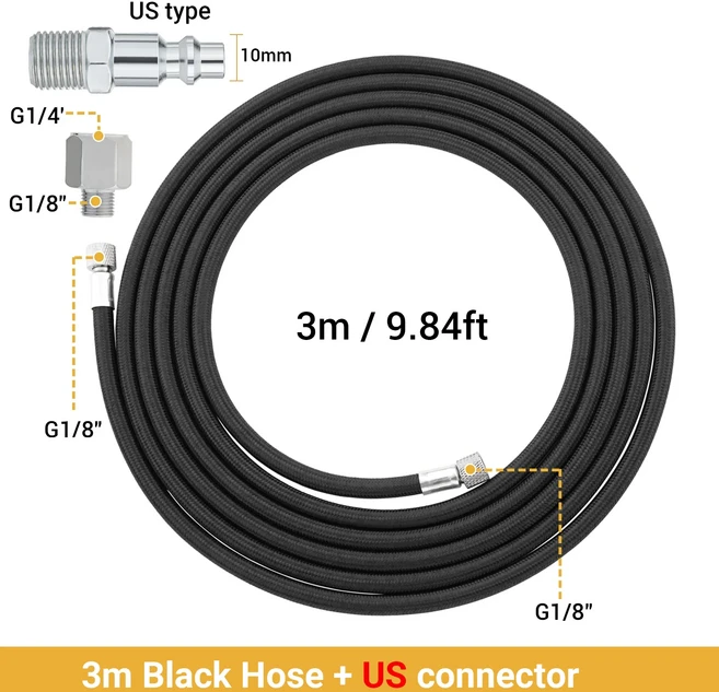 3미터/10 피트 나일론 브레이드 에어 브러시 호스 표준 1/8 인치인치 - 1/4 펌프 압축 액세서리 용 EU 미국, 03 3M Black Hose US