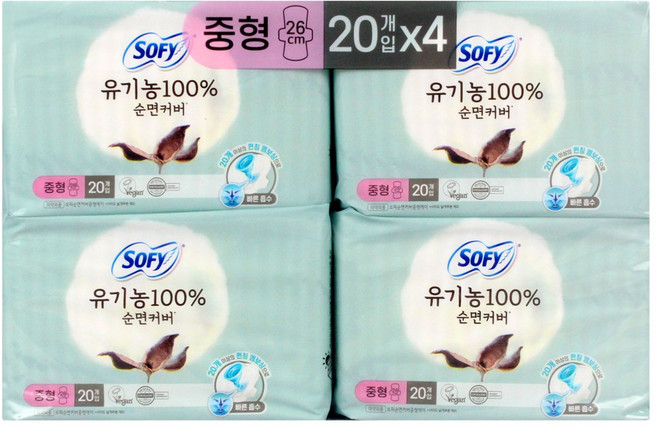 쏘피 유기농 100% 순면커버 생리대 날개형, 중형, 20개입, 4개
