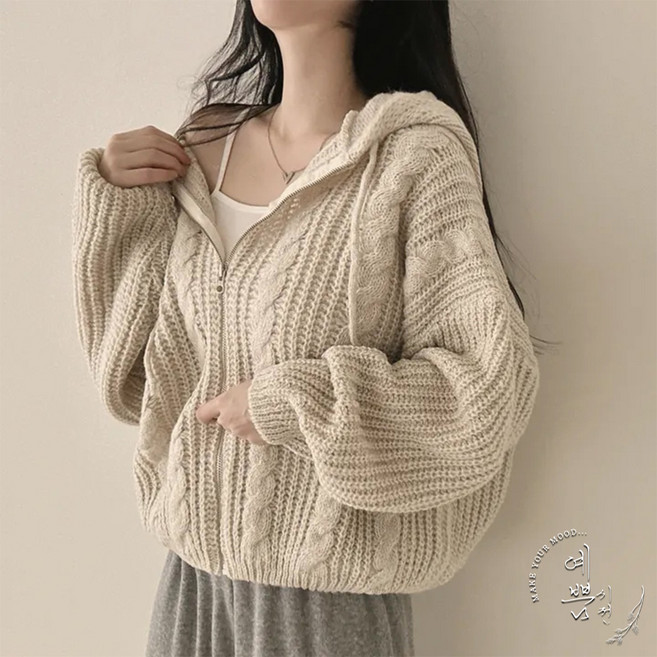 예쁨시전 오버핏 소장템 봄 간절기 꽈배기 니트 후드 집업 가디건