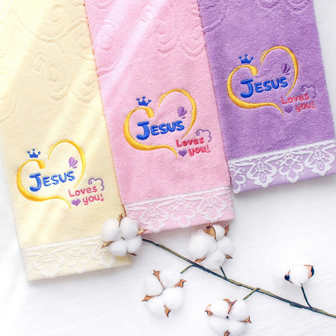 말씀타올 레이스 JESUS 성경 메세지 자수 수건 + 포장 박스 세트, 1개, 퍼플